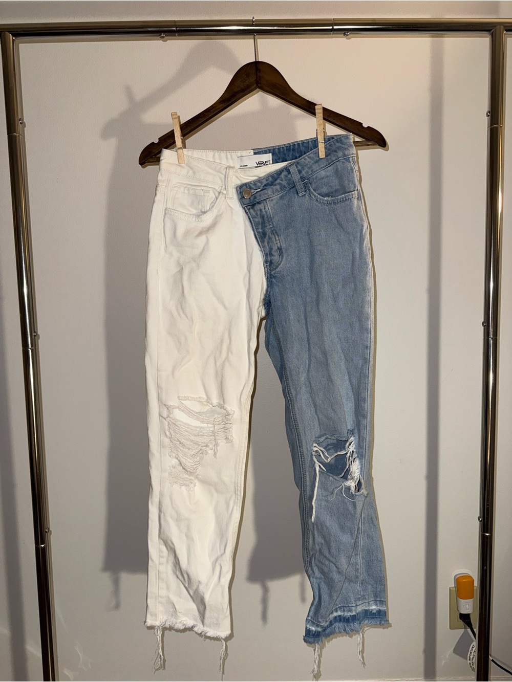 Two-Tone White and Light Blue Cropped Distressed Jeans - Picture 7 of 10